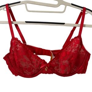 Playful Promises x Squish Leomie Red Cherry Plunge Bra 34D Balconette Unlined